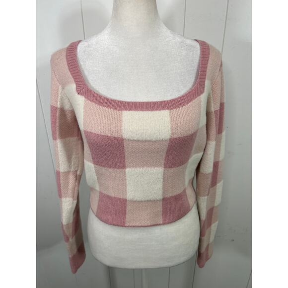 Altar’d State Square Neck Pink Check Preppy Long Sleeve Cropped Sweater Size M - Picture 1 of 6